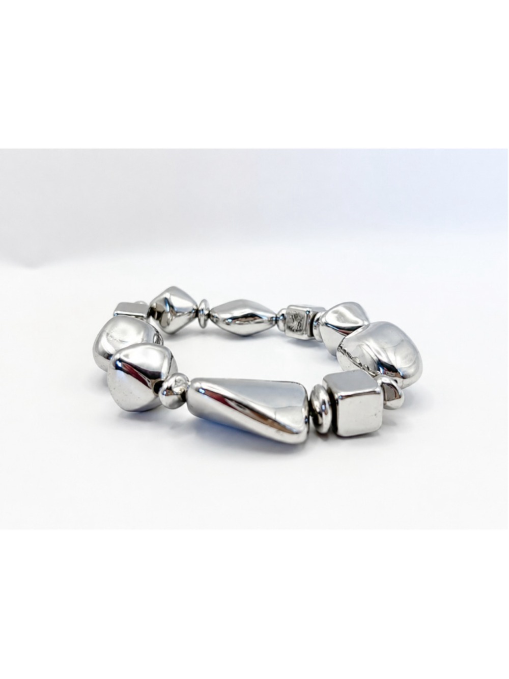 Silver Tone Chunky Geometric Stretch Bracelet Modern Statement Jewelry‎